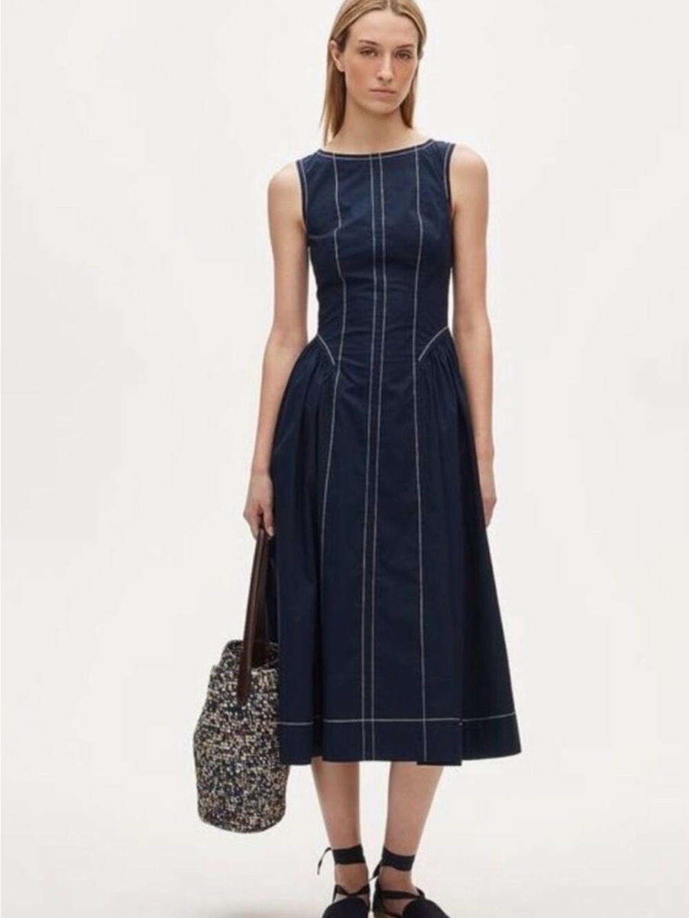J. Crew Contrast Midi Stitch Poplin Dress